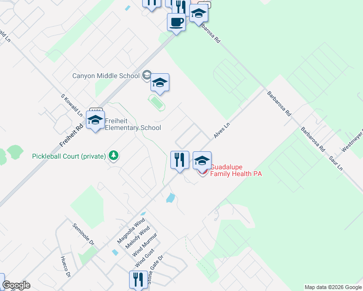 map of restaurants, bars, coffee shops, grocery stores, and more near 570 Creekside Circle in New Braunfels