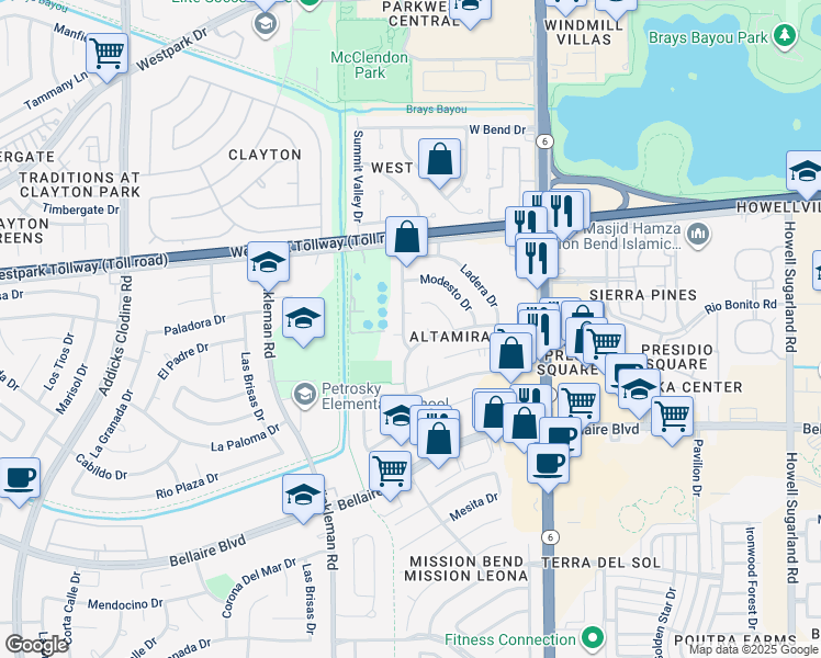 map of restaurants, bars, coffee shops, grocery stores, and more near 6502 Mesa Vista Court in Houston
