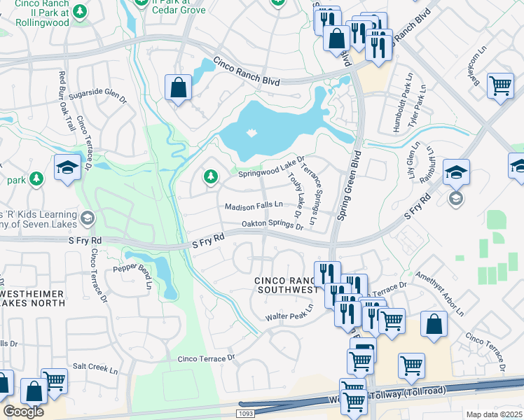 map of restaurants, bars, coffee shops, grocery stores, and more near 25403 Madison Falls Lane in Katy