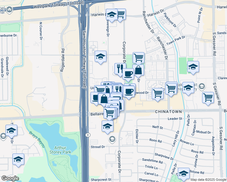 map of restaurants, bars, coffee shops, grocery stores, and more near 6588 Corporate Drive in Houston