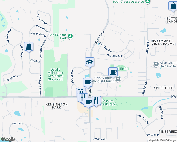 map of restaurants, bars, coffee shops, grocery stores, and more near 4307 Northwest 58th Avenue in Gainesville