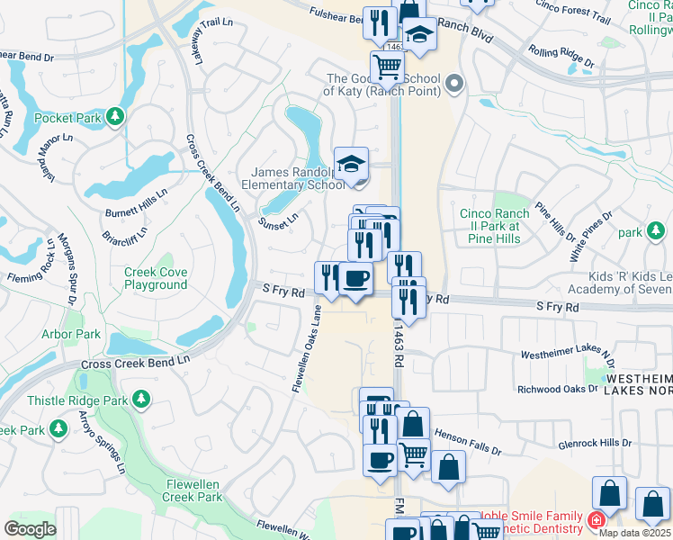 map of restaurants, bars, coffee shops, grocery stores, and more near 5647 Little Creek Court in Fulshear