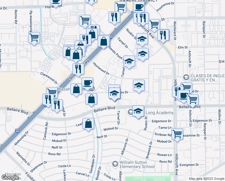 map of restaurants, bars, coffee shops, grocery stores, and more near 53 De Moss Drive in Houston