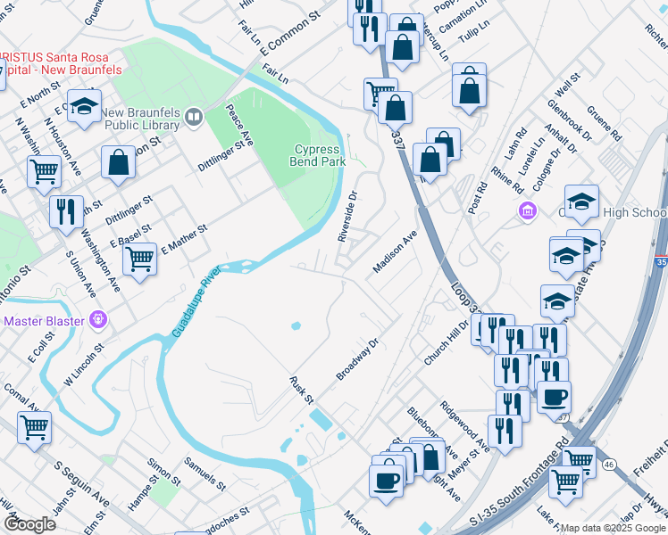 map of restaurants, bars, coffee shops, grocery stores, and more near 507 Riverside Drive in New Braunfels