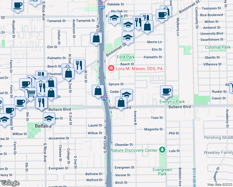 map of restaurants, bars, coffee shops, grocery stores, and more near 4620 Bellaire Boulevard in Bellaire