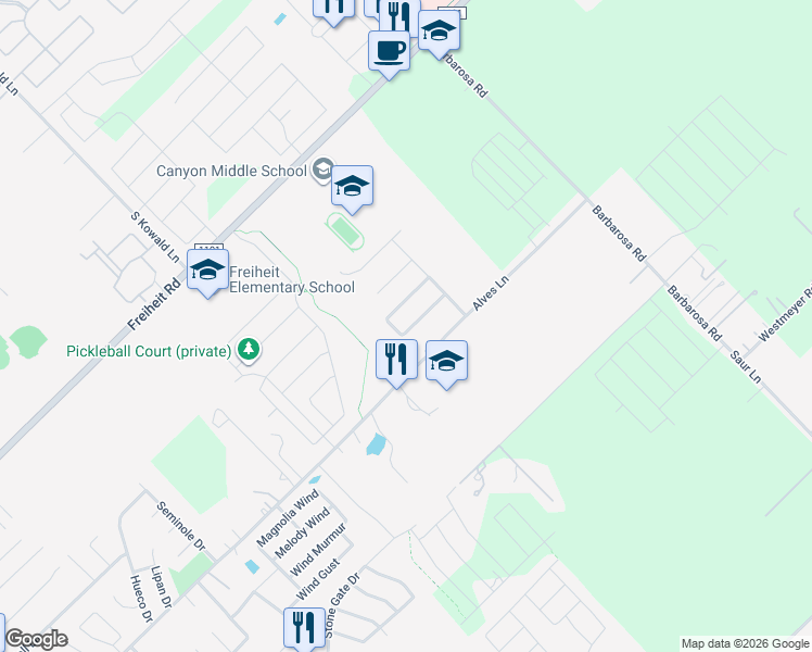 map of restaurants, bars, coffee shops, grocery stores, and more near 570 Creekside Circle in New Braunfels