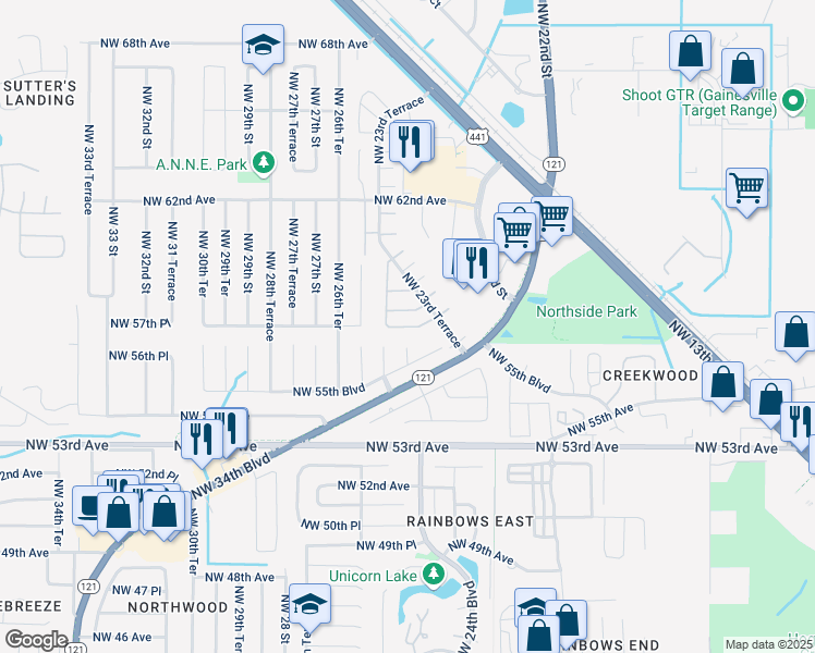 map of restaurants, bars, coffee shops, grocery stores, and more near 2424 Northwest 57th Place in Gainesville