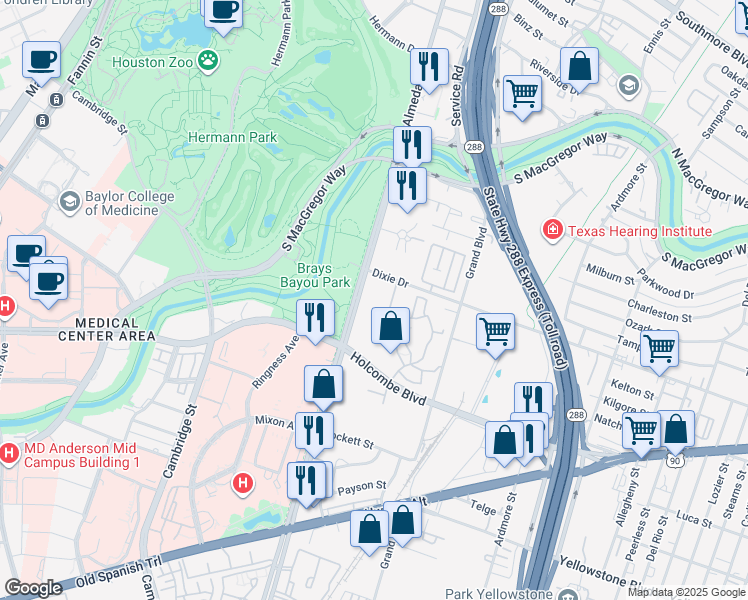 map of restaurants, bars, coffee shops, grocery stores, and more near in Houston
