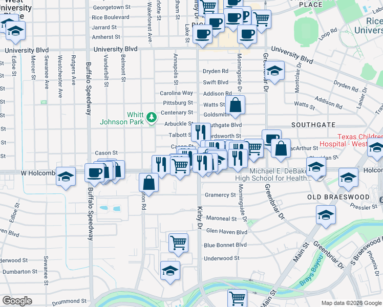 map of restaurants, bars, coffee shops, grocery stores, and more near 2630 Werlein Avenue in Houston
