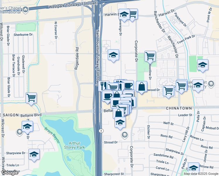 map of restaurants, bars, coffee shops, grocery stores, and more near 6601 West Sam Houston Parkway South in Houston