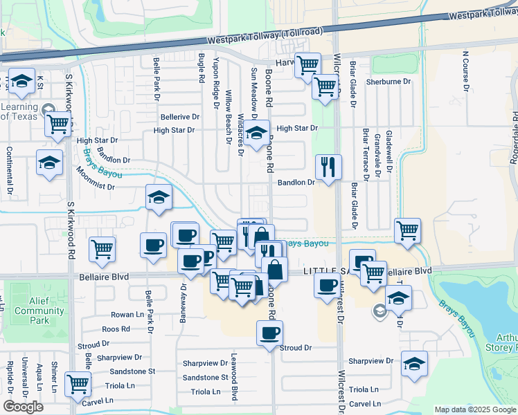map of restaurants, bars, coffee shops, grocery stores, and more near 11122 Petworth Drive in Houston