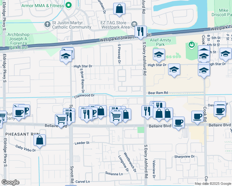 map of restaurants, bars, coffee shops, grocery stores, and more near 6526 Veridian Grove Drive in Houston