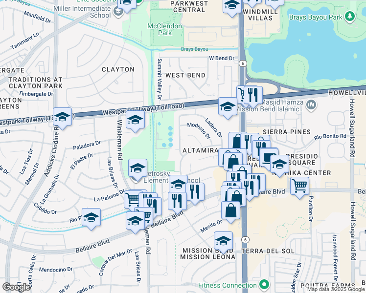 map of restaurants, bars, coffee shops, grocery stores, and more near 6502 Mesa Vista Court in Houston