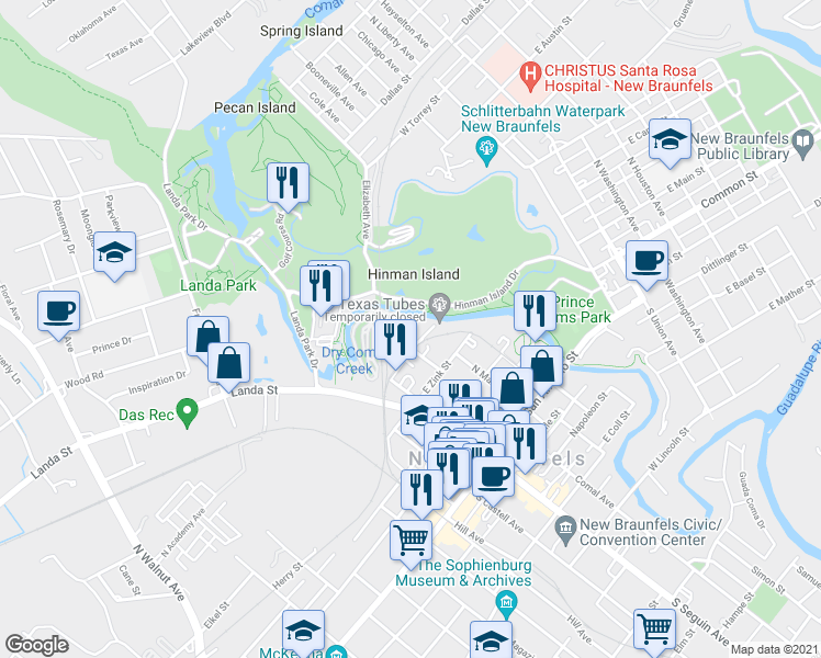 map of restaurants, bars, coffee shops, grocery stores, and more near 500 North Market Street in New Braunfels