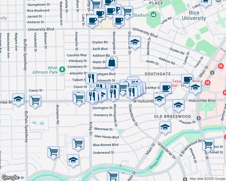 map of restaurants, bars, coffee shops, grocery stores, and more near 6704 Morningside Drive in Houston