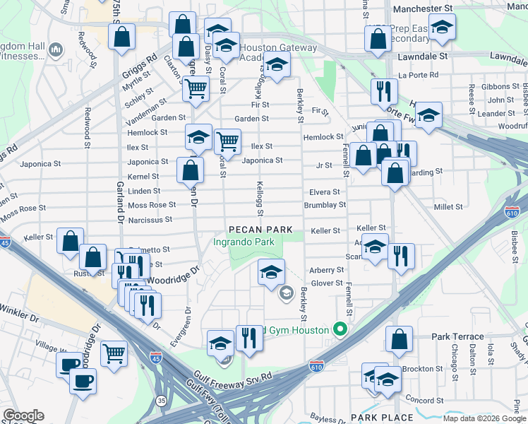 map of restaurants, bars, coffee shops, grocery stores, and more near 7503 Narcissus Street in Houston