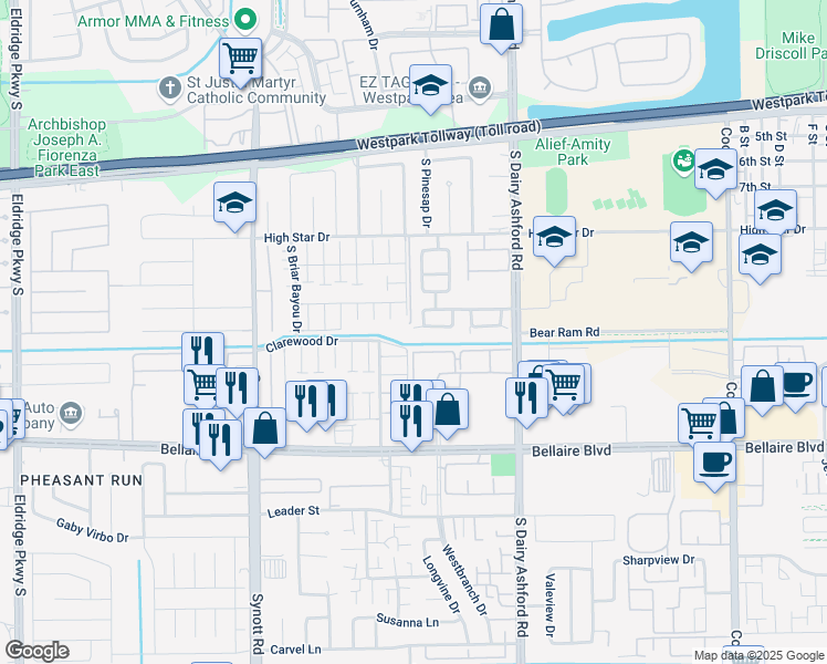 map of restaurants, bars, coffee shops, grocery stores, and more near 6526 Veridian Grove Drive in Houston