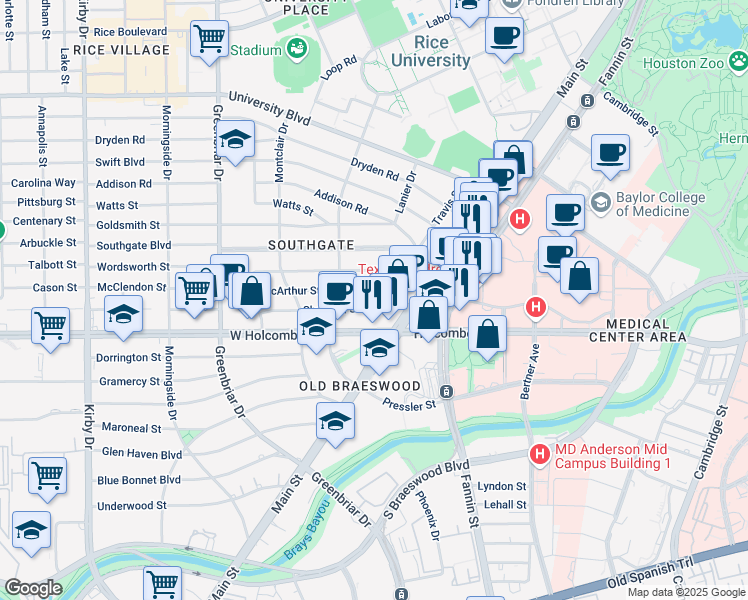 map of restaurants, bars, coffee shops, grocery stores, and more near 2019 Sheridan Street in Houston