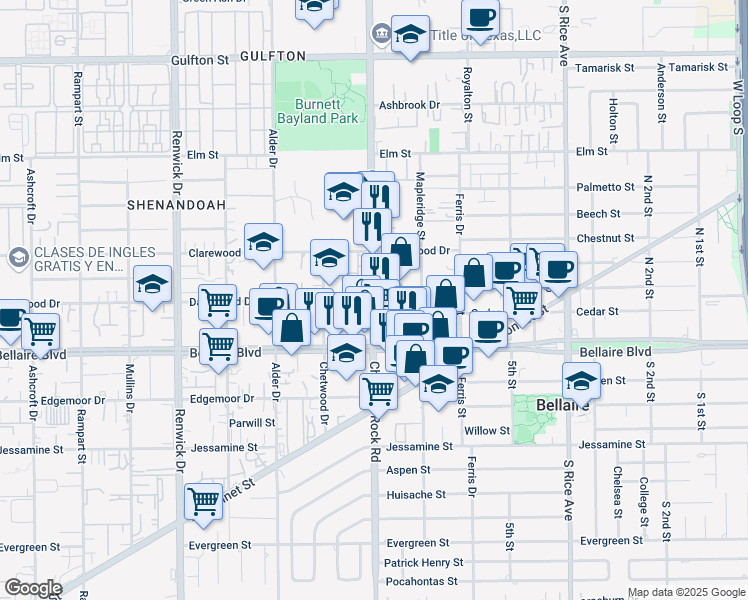 map of restaurants, bars, coffee shops, grocery stores, and more near Chimney Rock Rd & Dashwood Dr in Houston