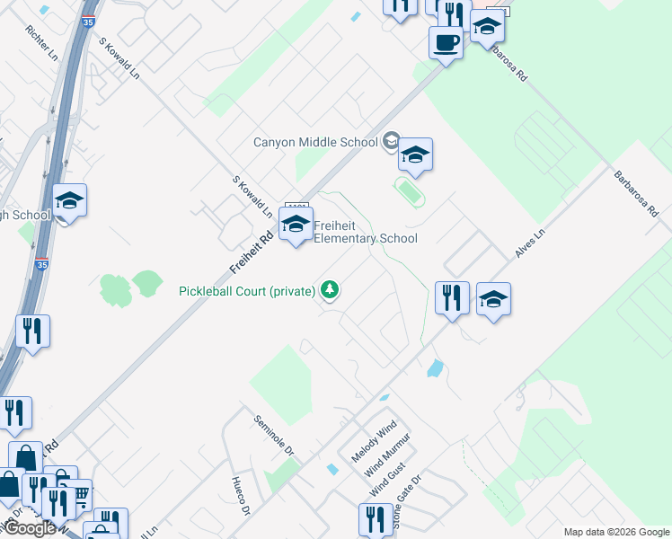 map of restaurants, bars, coffee shops, grocery stores, and more near 1896 Shepherd Path in New Braunfels