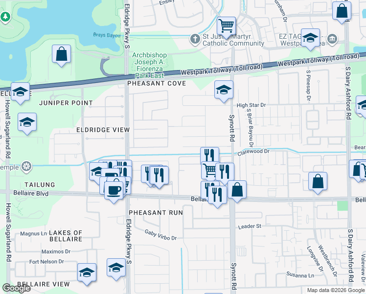 map of restaurants, bars, coffee shops, grocery stores, and more near Verbena Lane in Harris County