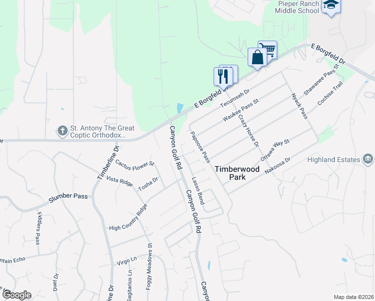 map of restaurants, bars, coffee shops, grocery stores, and more near 715 Rio Cactus Way in San Antonio