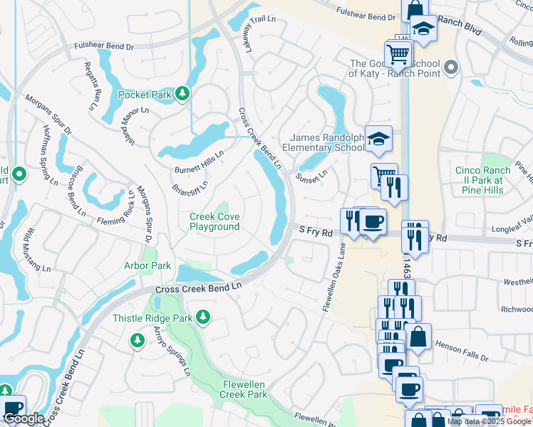 map of restaurants, bars, coffee shops, grocery stores, and more near 5602 Caspian Falls Lane in Fulshear