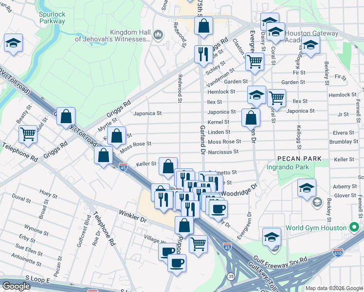 map of restaurants, bars, coffee shops, grocery stores, and more near 6904 Moss Rose Street in Houston