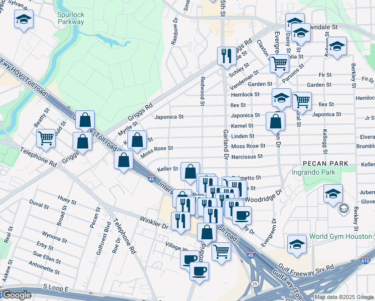 map of restaurants, bars, coffee shops, grocery stores, and more near 6802 Moss Rose Street in Houston