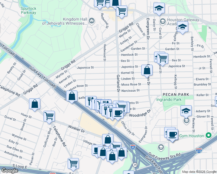map of restaurants, bars, coffee shops, grocery stores, and more near 6904 Moss Rose Street in Houston