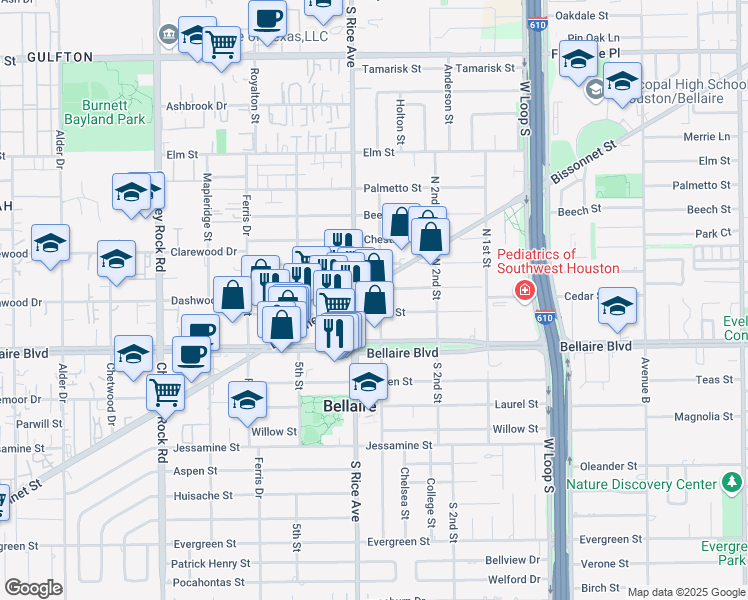 map of restaurants, bars, coffee shops, grocery stores, and more near 5007 Bissonnet Street in Bellaire