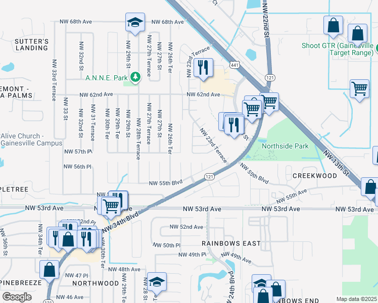 map of restaurants, bars, coffee shops, grocery stores, and more near 5728 Northwest 25th Terrace in Gainesville