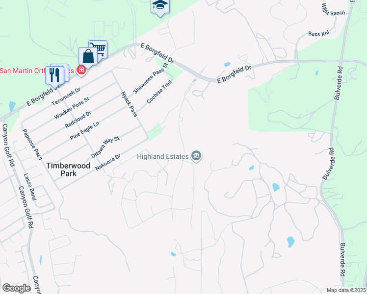 map of restaurants, bars, coffee shops, grocery stores, and more near 27205 Highland Crest in San Antonio