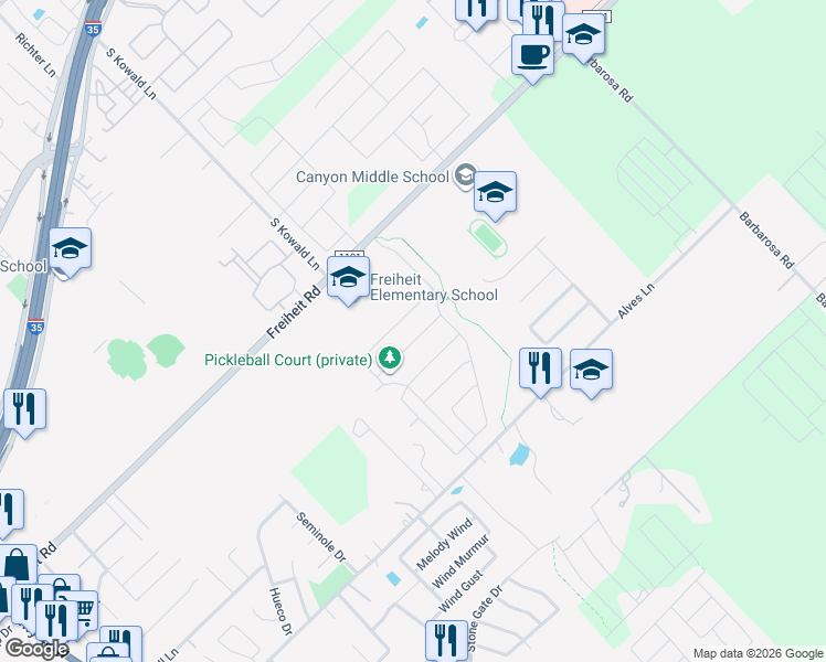 map of restaurants, bars, coffee shops, grocery stores, and more near 1896 Shepherd Path in New Braunfels
