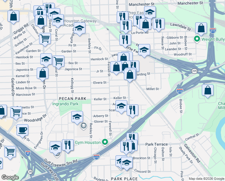 map of restaurants, bars, coffee shops, grocery stores, and more near 7917 Narcissus Street in Houston
