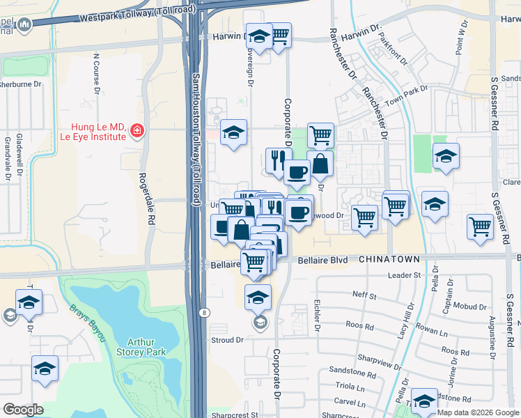 map of restaurants, bars, coffee shops, grocery stores, and more near 6588 Corporate Drive in Houston