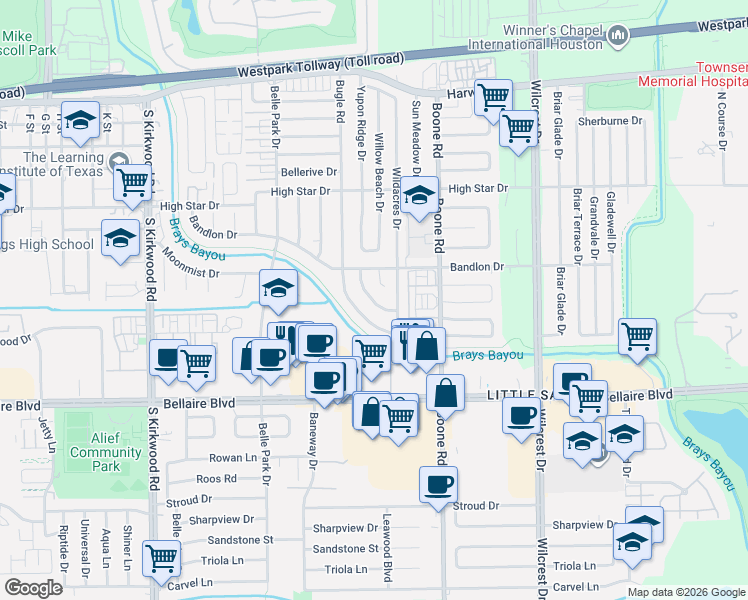 map of restaurants, bars, coffee shops, grocery stores, and more near 4442 Yupon Ridge Drive in Houston