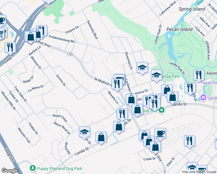 map of restaurants, bars, coffee shops, grocery stores, and more near 573 Beverly Lane in New Braunfels
