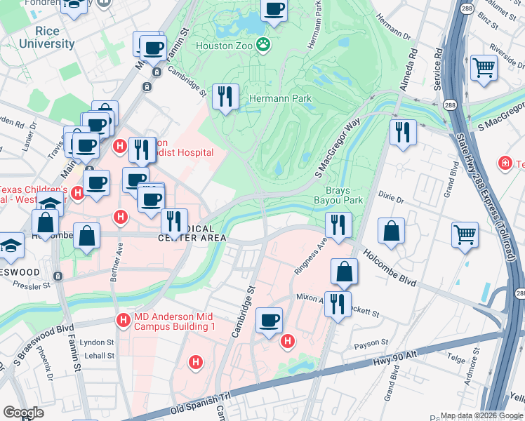 map of restaurants, bars, coffee shops, grocery stores, and more near Cambridge Street in Houston