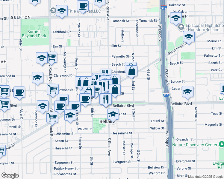 map of restaurants, bars, coffee shops, grocery stores, and more near 5007 Bissonnet Street in Bellaire