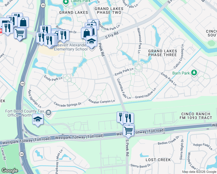 map of restaurants, bars, coffee shops, grocery stores, and more near 22023 Shady Heath Lane in Katy