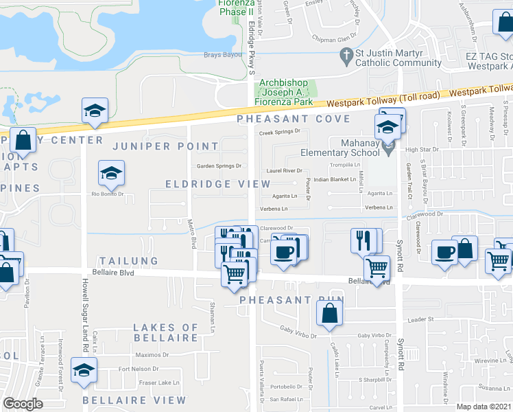 map of restaurants, bars, coffee shops, grocery stores, and more near 6518 Cape Forward Drive in Houston