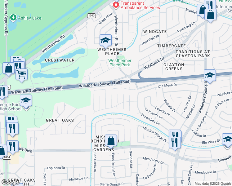 map of restaurants, bars, coffee shops, grocery stores, and more near 6506 La Violetta Drive in Houston