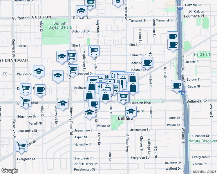 map of restaurants, bars, coffee shops, grocery stores, and more near 5201 Spruce Street in Bellaire