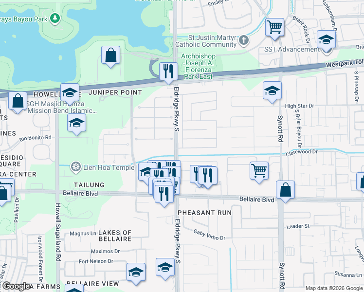 map of restaurants, bars, coffee shops, grocery stores, and more near 6516 Cape Forward Drive in Houston