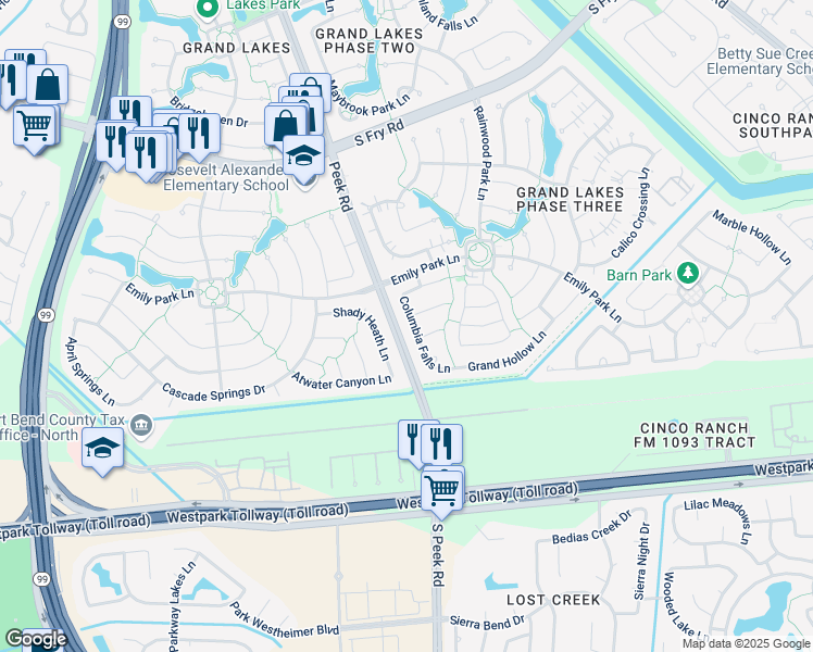 map of restaurants, bars, coffee shops, grocery stores, and more near 6206 Columbia Falls Ln in Katy