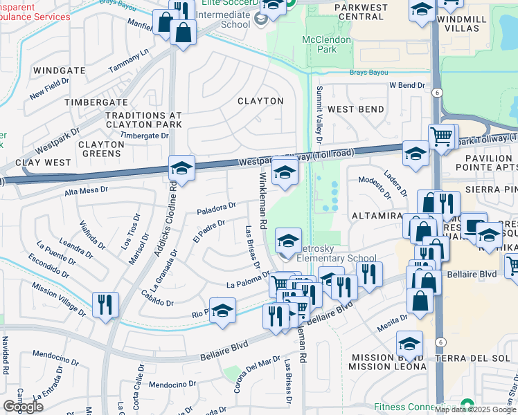 map of restaurants, bars, coffee shops, grocery stores, and more near 6406 Winkleman Road in Houston