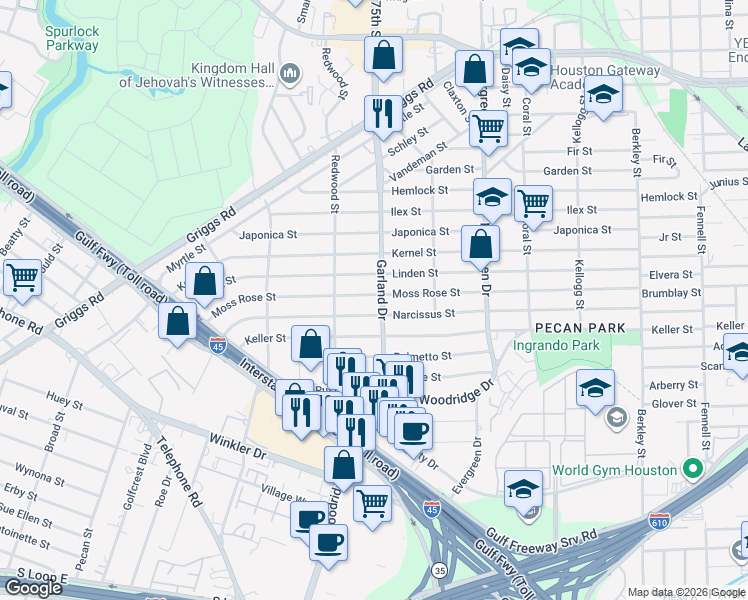 map of restaurants, bars, coffee shops, grocery stores, and more near 6942 Moss Rose Street in Houston