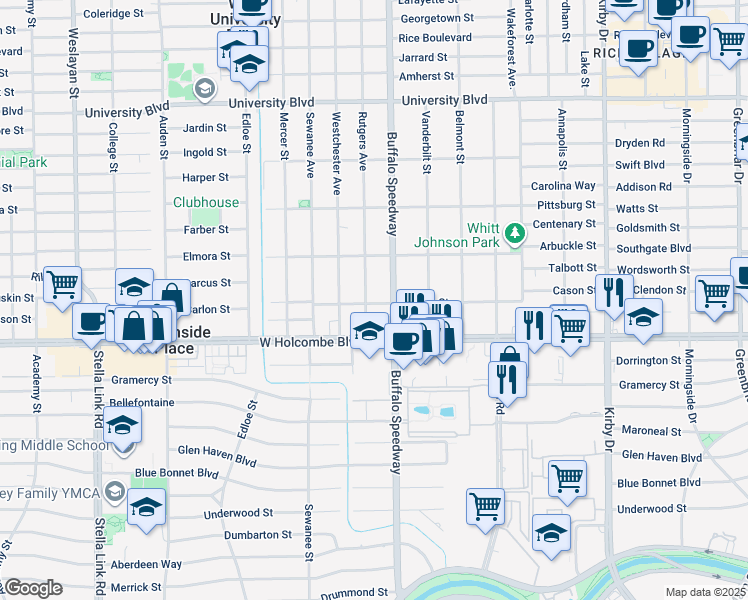 map of restaurants, bars, coffee shops, grocery stores, and more near 6647 Rutgers Avenue in Houston