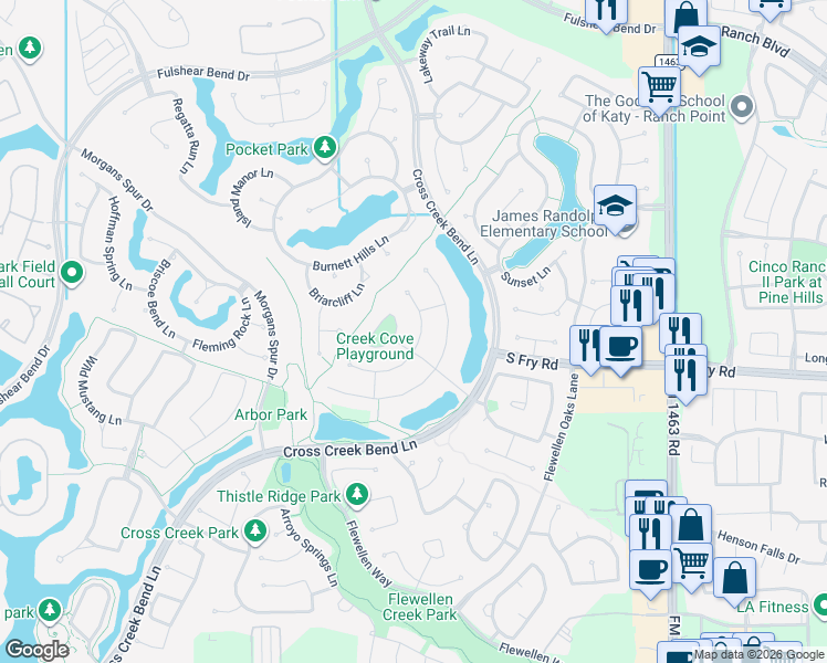map of restaurants, bars, coffee shops, grocery stores, and more near 5510 Mustang Ridge Lane in Katy